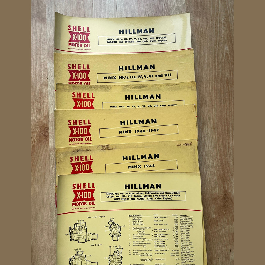 Vintage Shell X-100 Hillman Lubrication charts X6