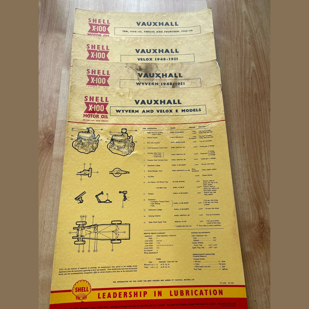 Vintage Shell X-100 Vauxhall Lubrication charts X4