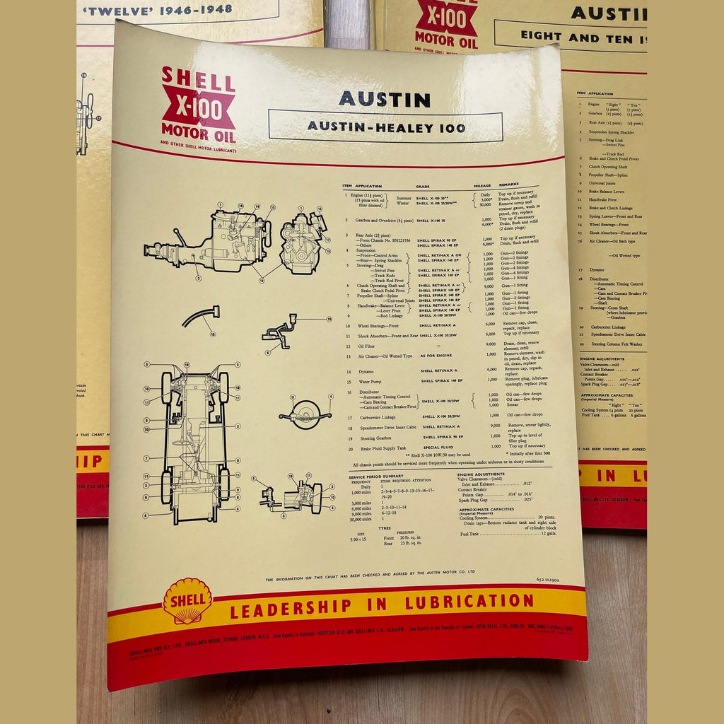 Vintage Shell X-100 Austin Lubrication charts X11