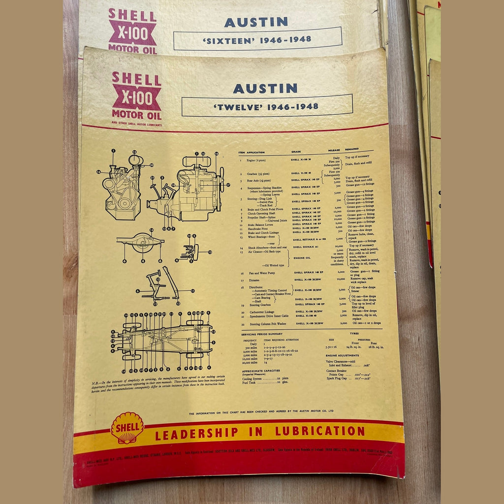Vintage Shell X-100 Austin Lubrication charts X11