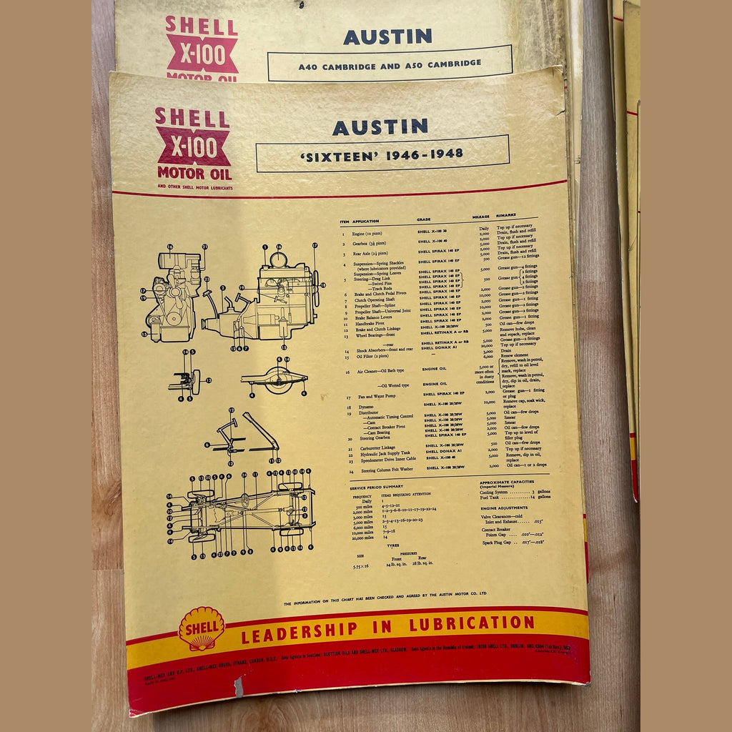 Vintage Shell X-100 Austin Lubrication charts X11