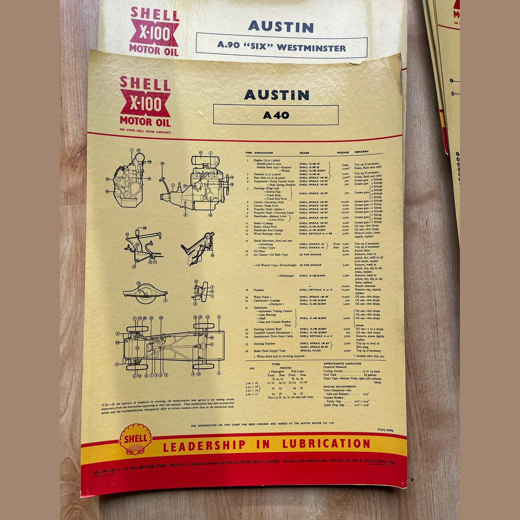 Vintage Shell X-100 Austin Lubrication charts X11