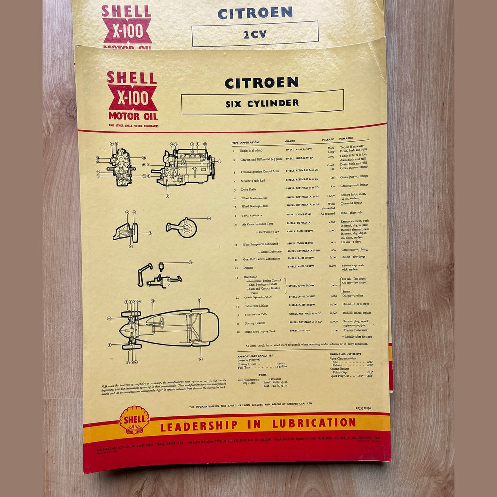 Vintage Shell X-100 Citroen Lubrication charts X4