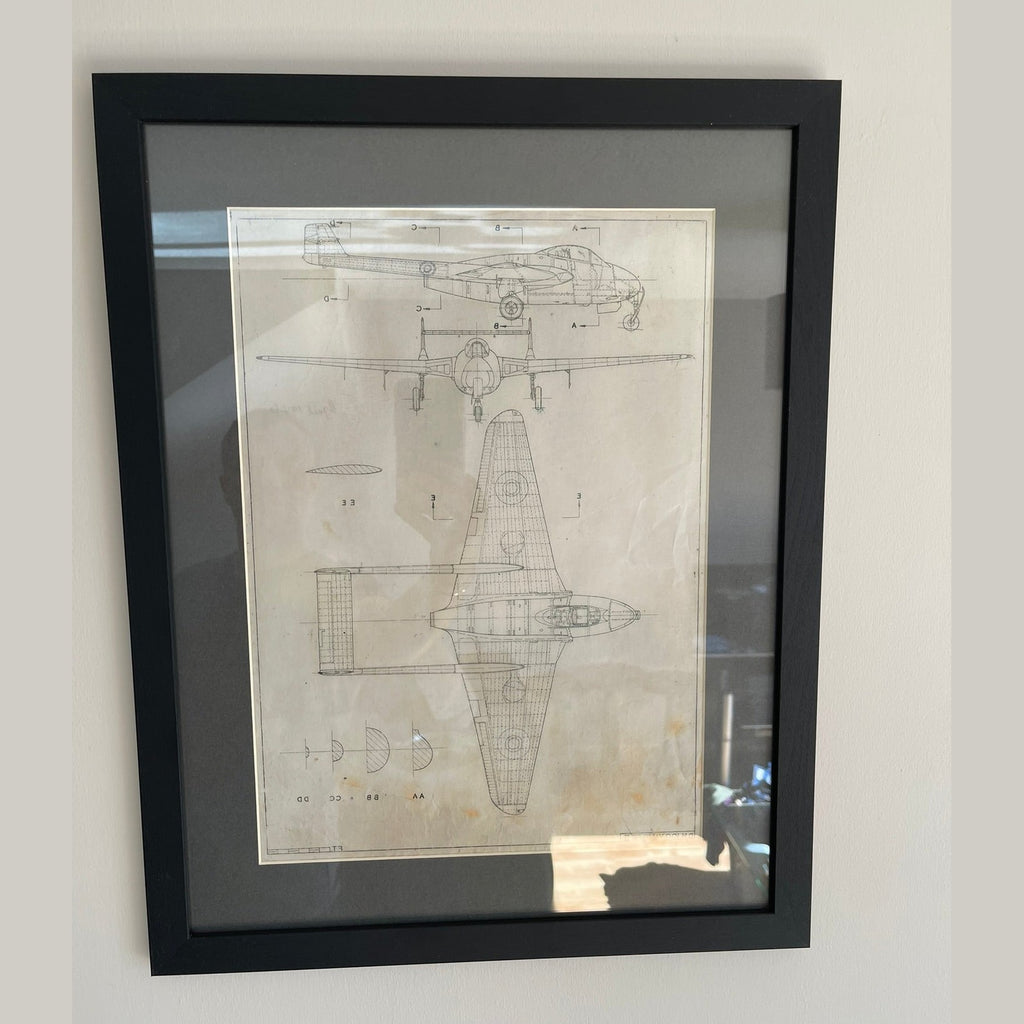 Framed drawing of a WW2 De Havilland Vampire mk2