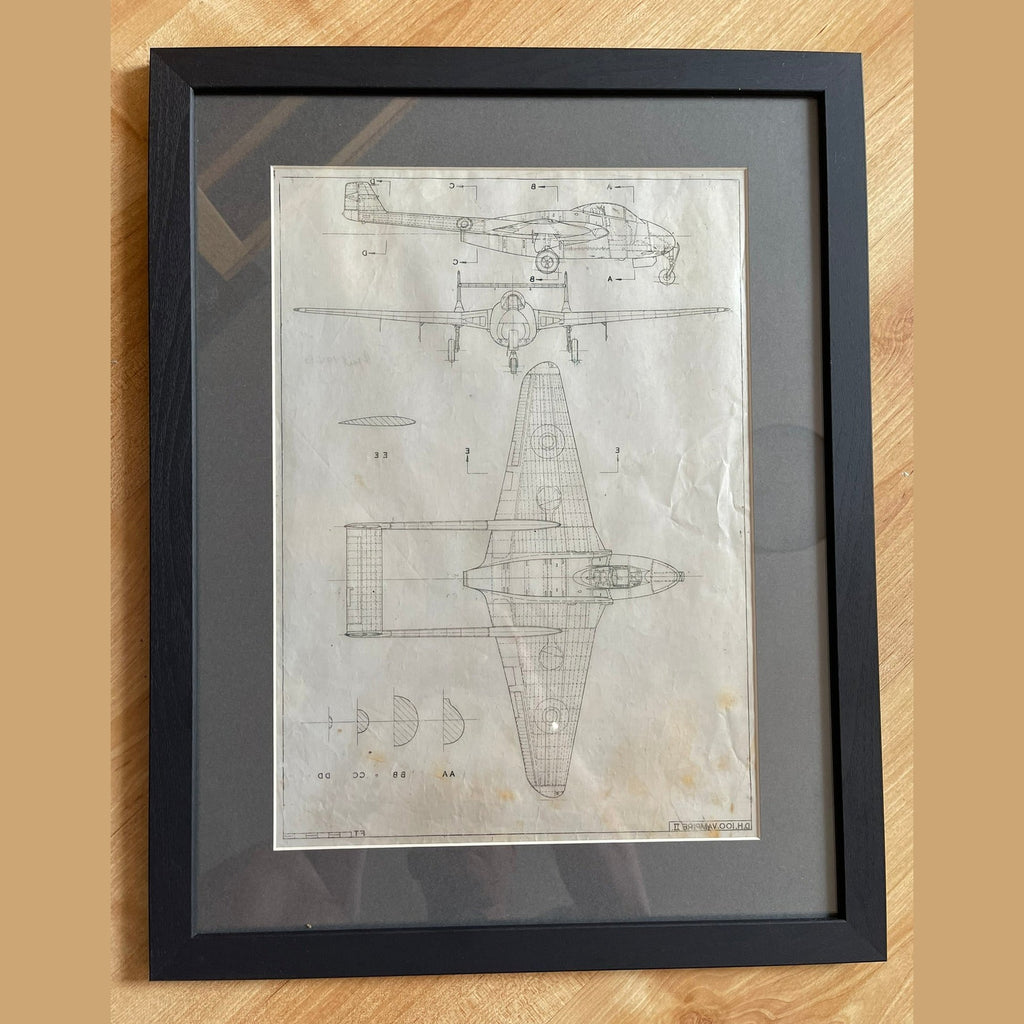 Framed drawing of a WW2 De Havilland Vampire mk2