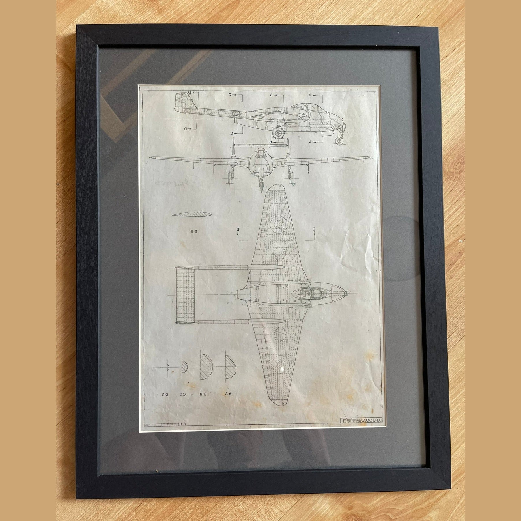 Framed drawing of a WW2 De Havilland Vampire mk2
