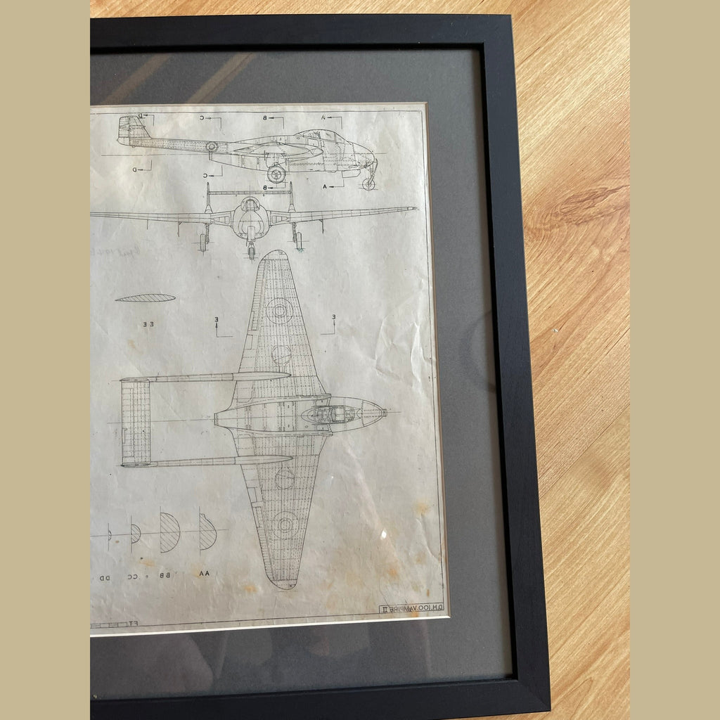 Framed drawing of a WW2 De Havilland Vampire mk2