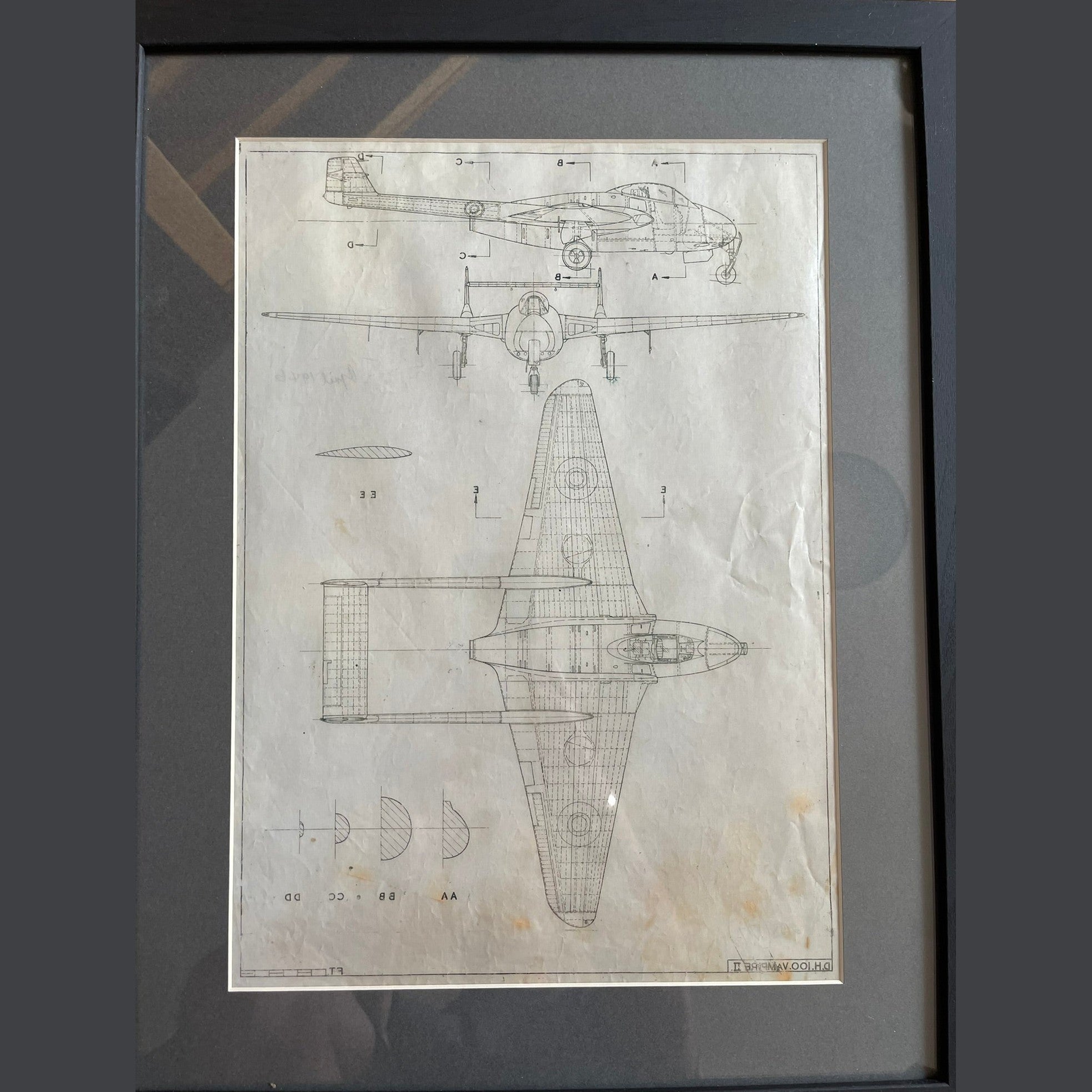 Framed drawing of a WW2 De Havilland Vampire mk2