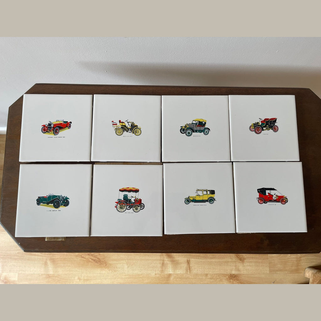 Vintage set of 8 Pilkington carter wall tiles with vintage cars printed on.