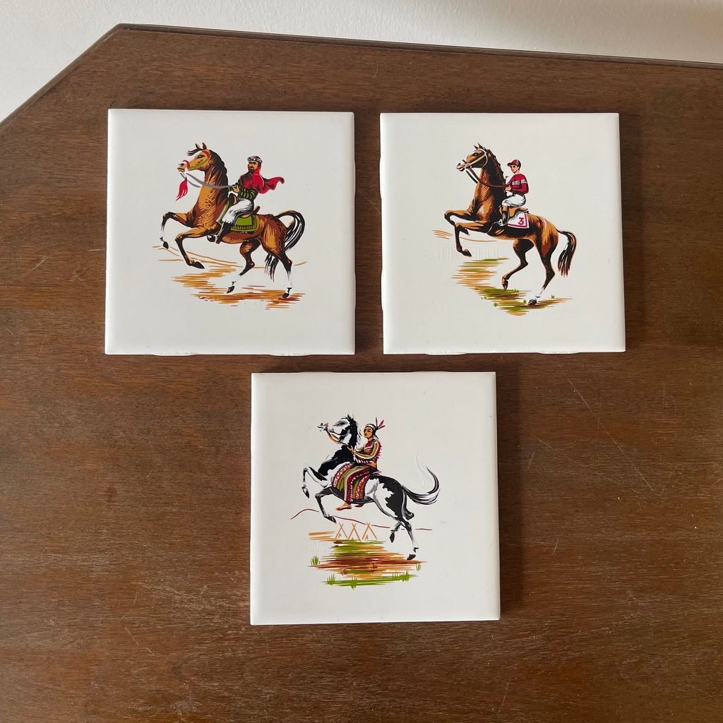 Vintage set of 3 Pilkington carter wall tiles depicting horse themed scenes