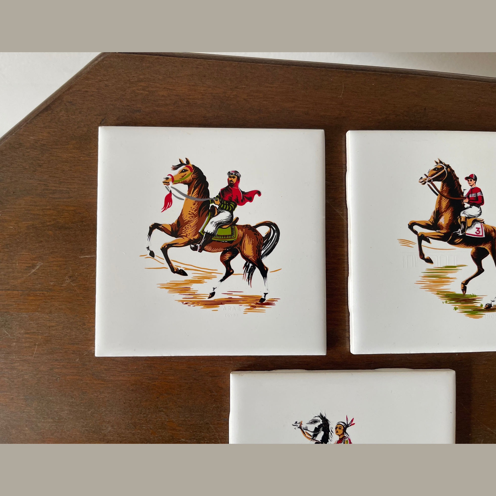 Vintage set of 3 Pilkington carter wall tiles depicting horse themed scenes