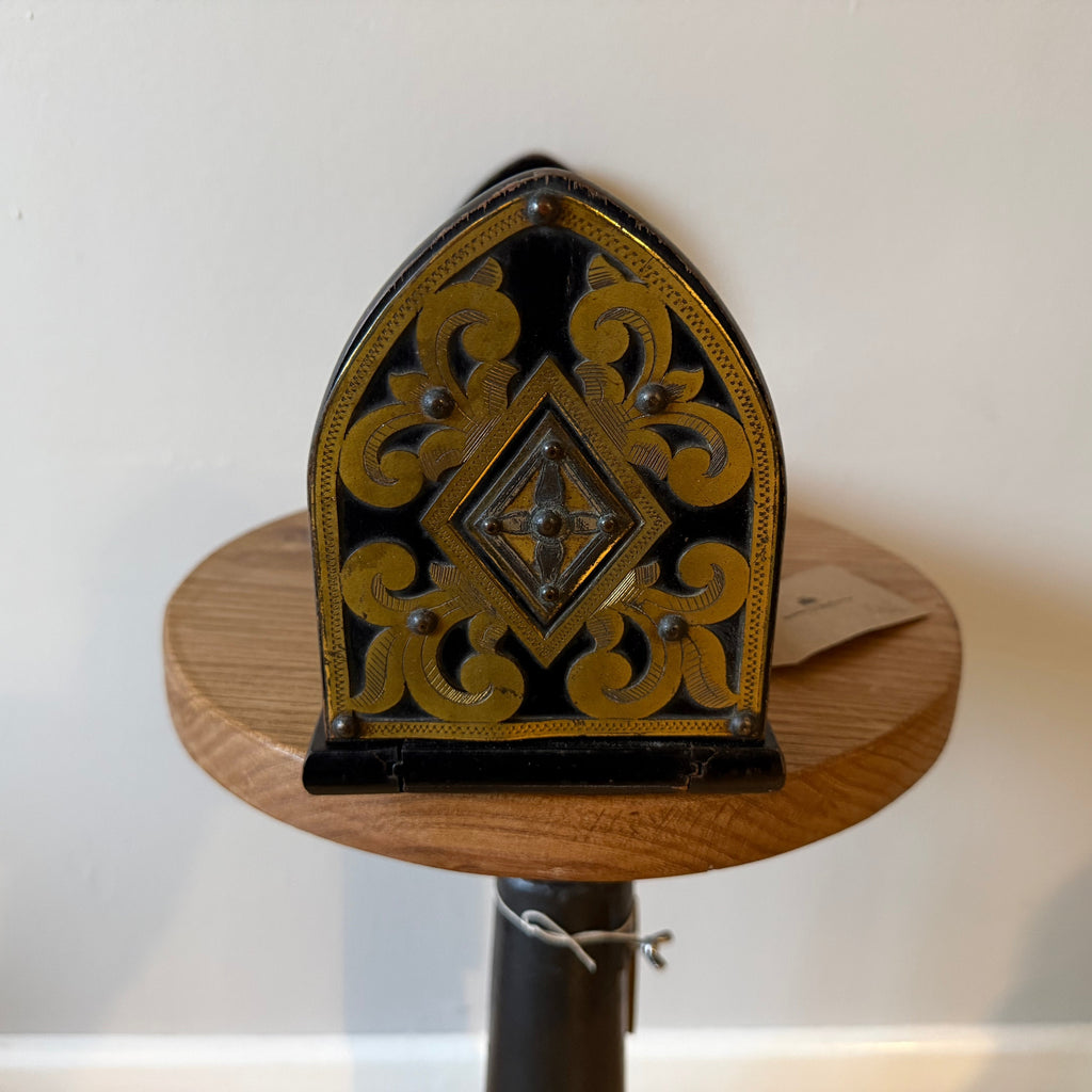 A Victorian brass bound coromandel wood book slides, having pierced brass decoration.