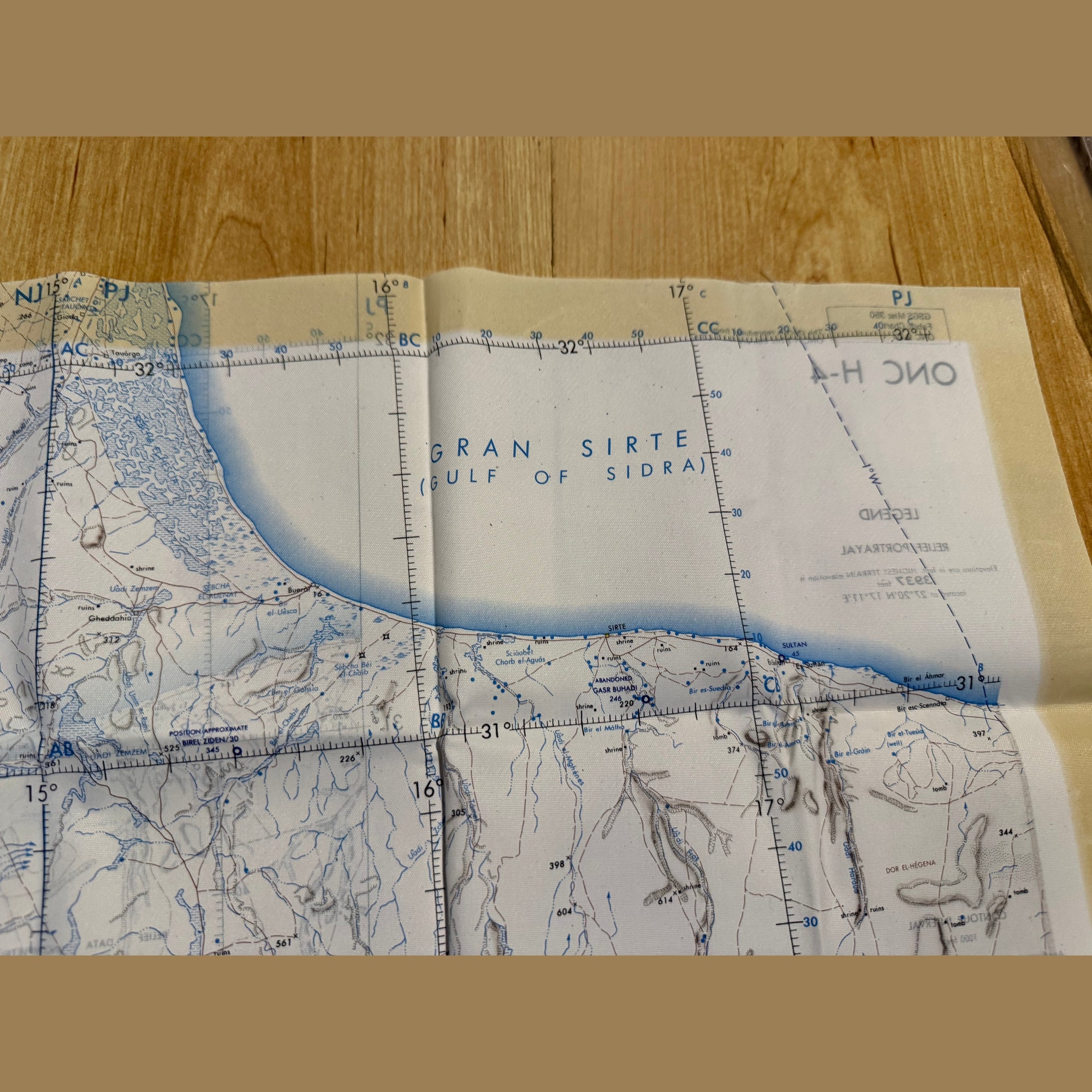 A Royal Air Force / silk escape map covering Libya, Mediterranean Coast, Sirte, Benghazi.