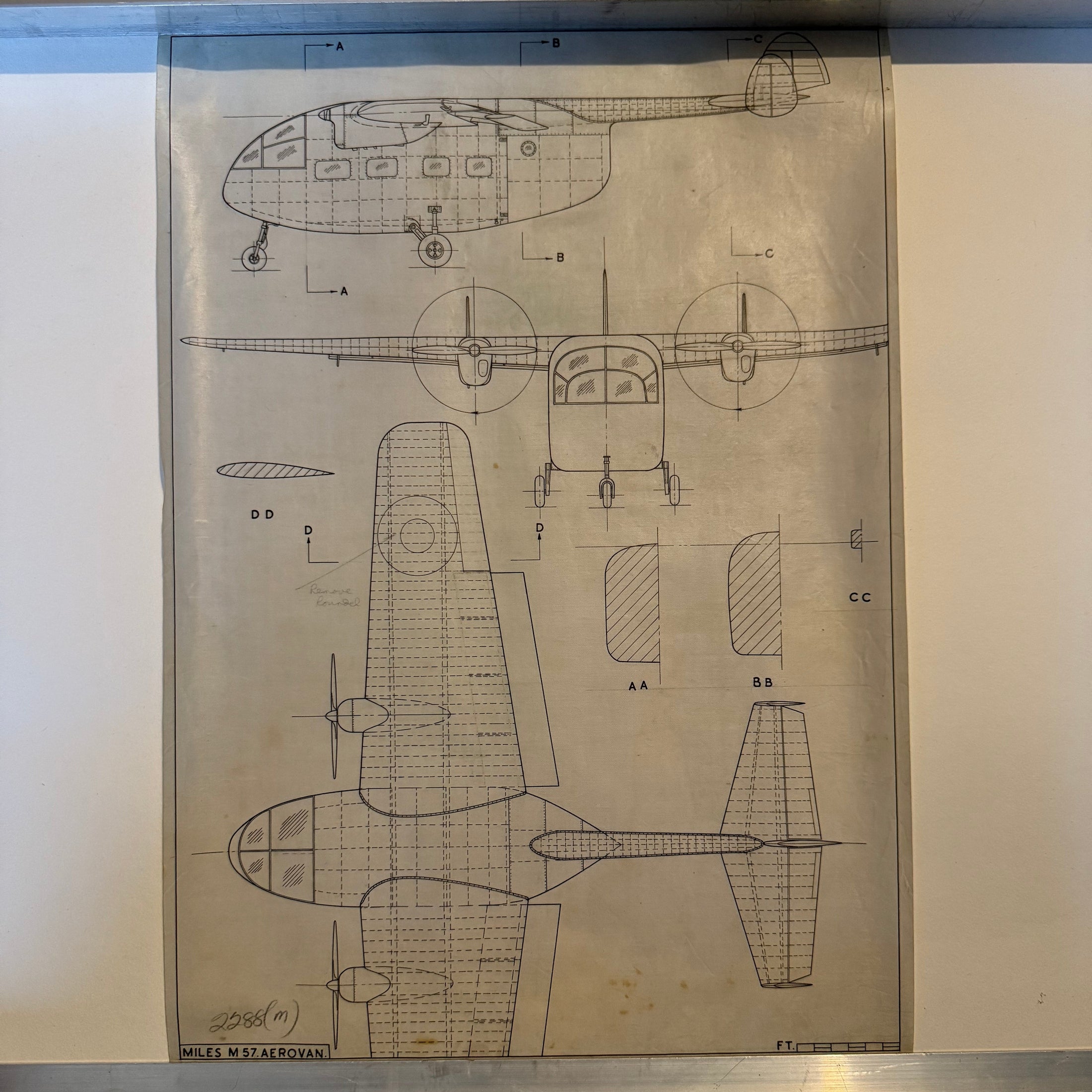Vintage to scale technical drawing, ink on linen of WW2 era miles M-57 Aerovan