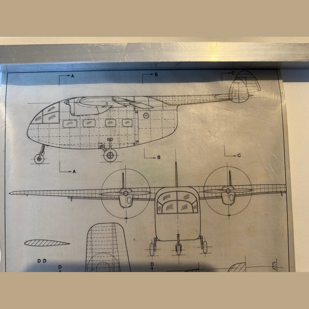 Vintage to scale technical drawing, ink on linen of WW2 era miles M-57 Aerovan