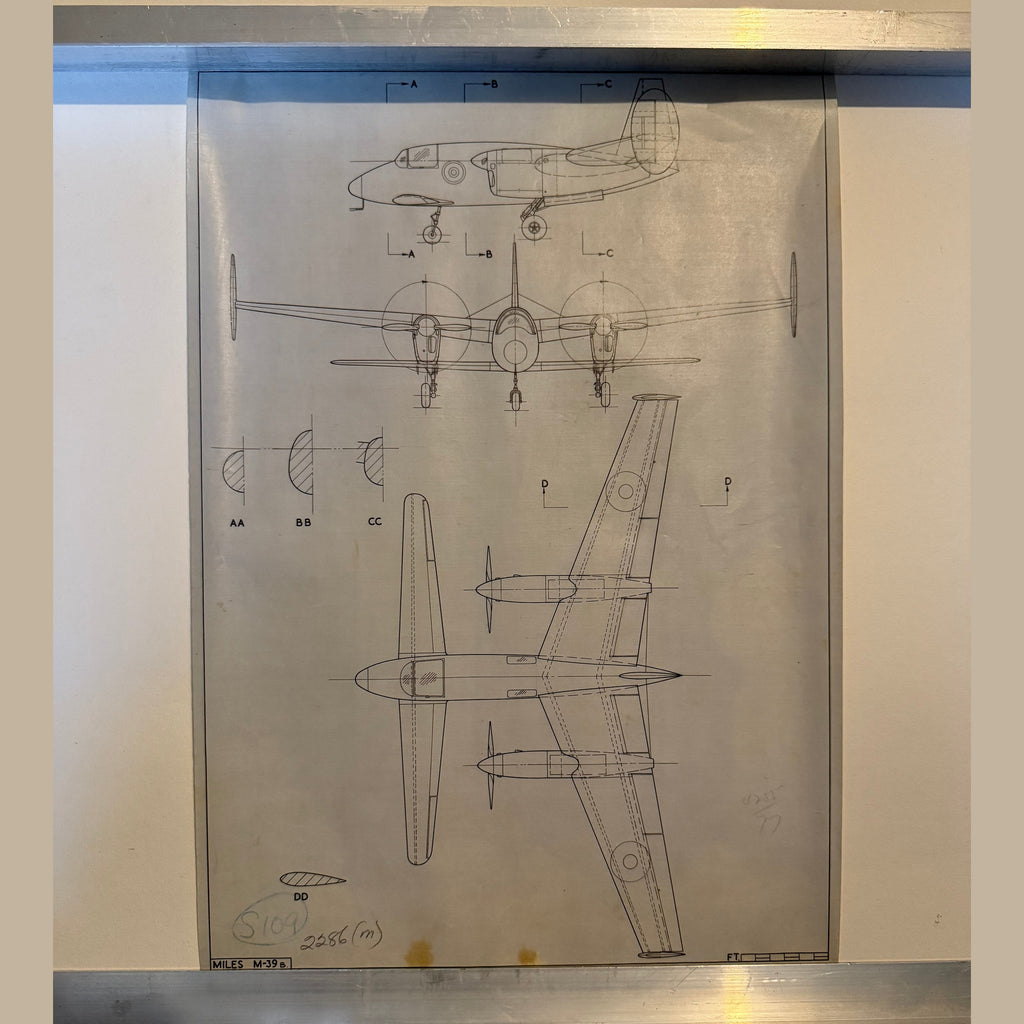 Vintage to scale technical drawing, ink on linen of WW2 era Miles M-39 B Libuellula experimental aircraft