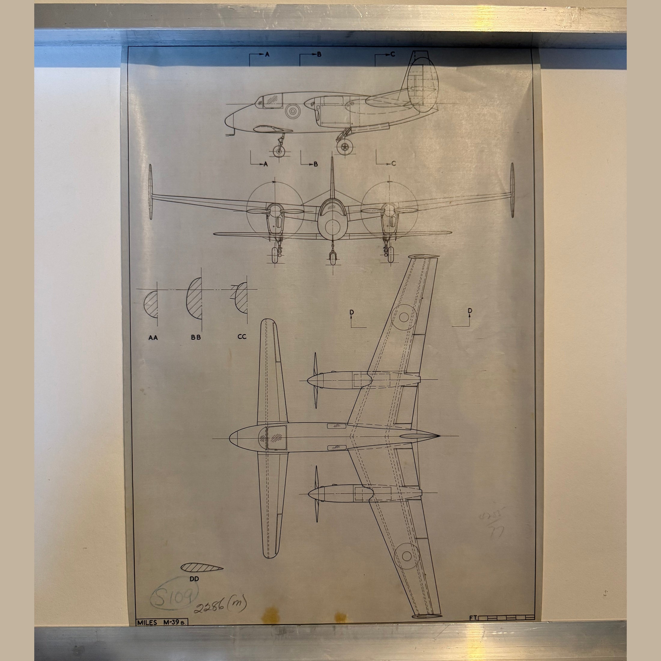 Vintage to scale technical drawing, ink on linen of WW2 era Miles M-39 B Libuellula experimental aircraft