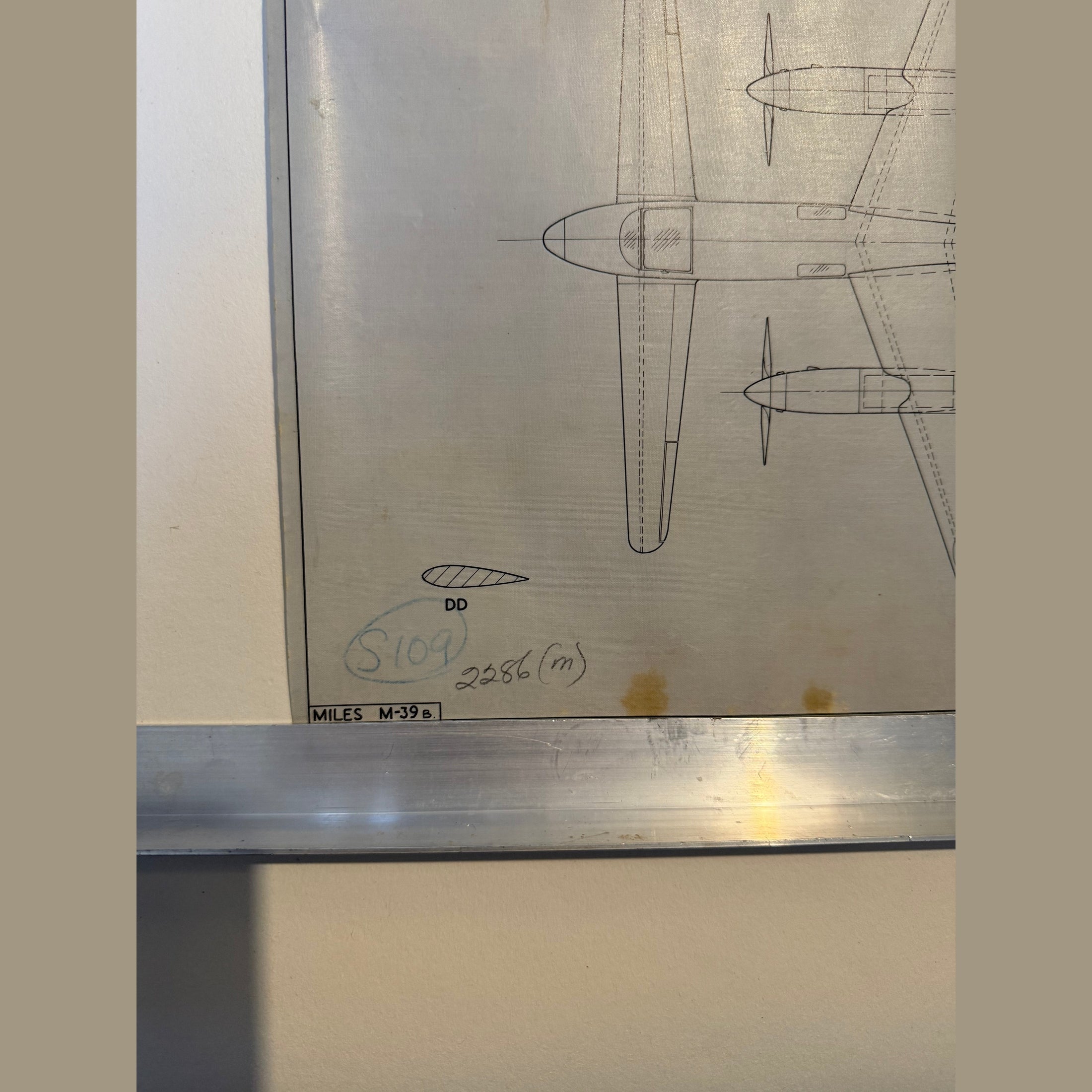 Vintage to scale technical drawing, ink on linen of WW2 era Miles M-39 B Libuellula experimental aircraft