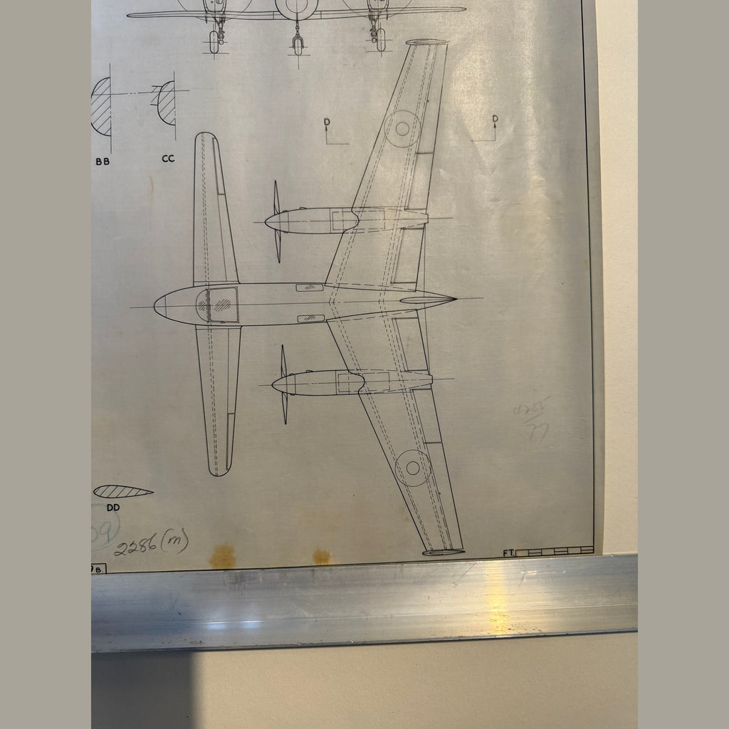 Vintage to scale technical drawing, ink on linen of WW2 era Miles M-39 B Libuellula experimental aircraft