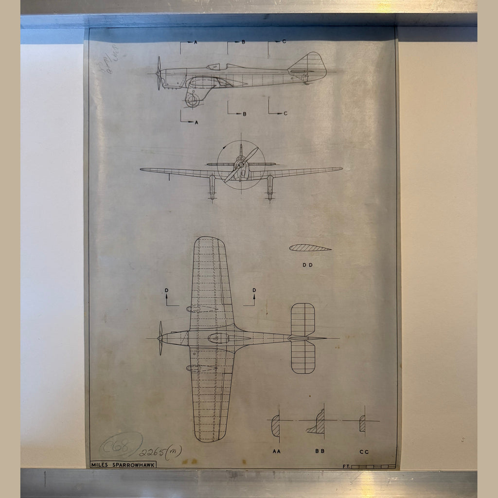 Vintage to scale technical drawing, ink on linen of Kings Cup Racer Miles M5 sparrowhawk