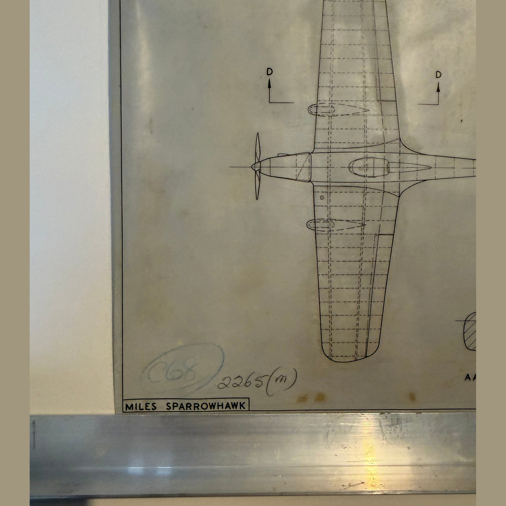 Vintage to scale technical drawing, ink on linen of Kings Cup Racer Miles M5 sparrowhawk