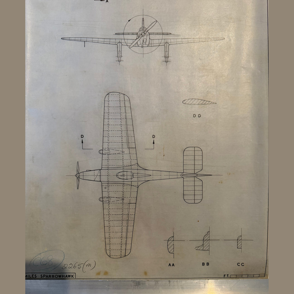 Vintage to scale technical drawing, ink on linen of Kings Cup Racer Miles M5 sparrowhawk