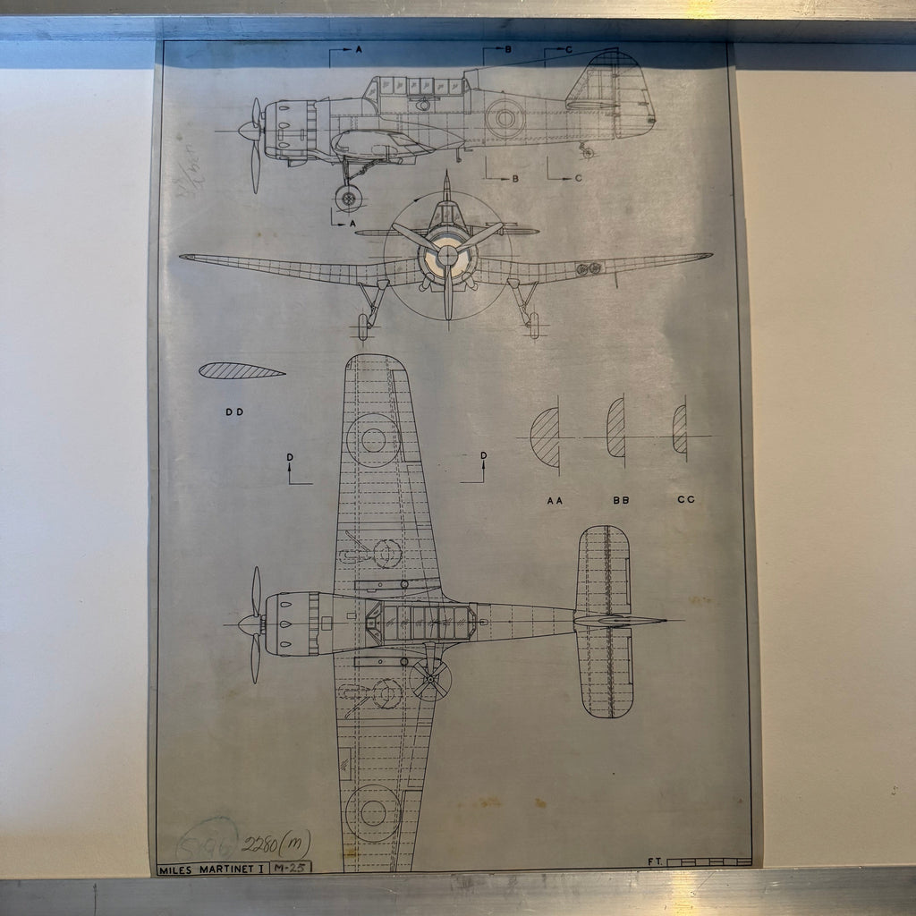 Vintage to scale technical drawing, ink on linen of a WW2 M25 Miles Martinet