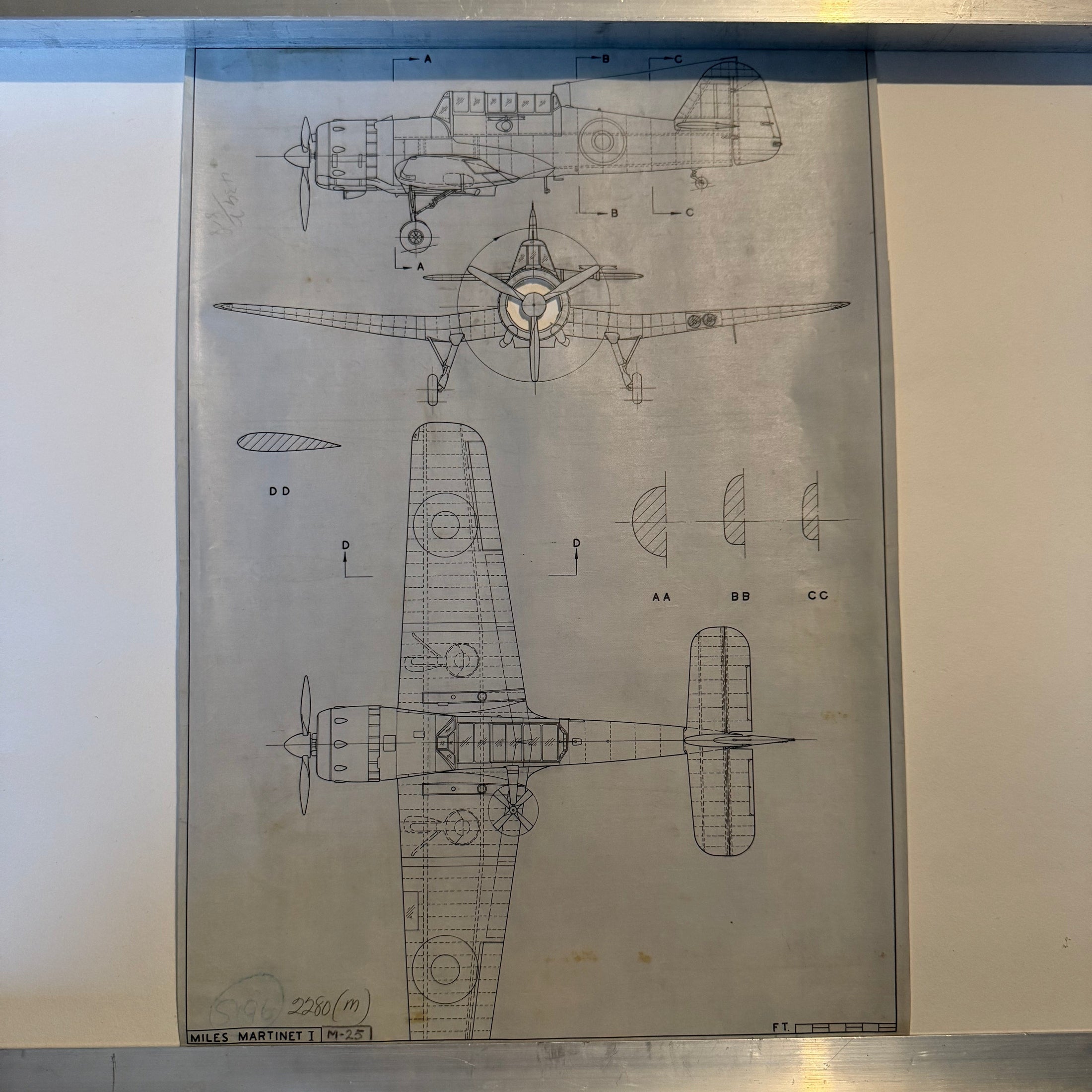 Vintage to scale technical drawing, ink on linen of a WW2 M25 Miles Martinet