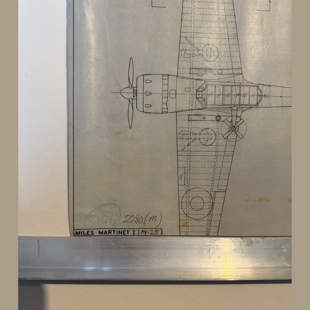 Vintage to scale technical drawing, ink on linen of a WW2 M25 Miles Martinet