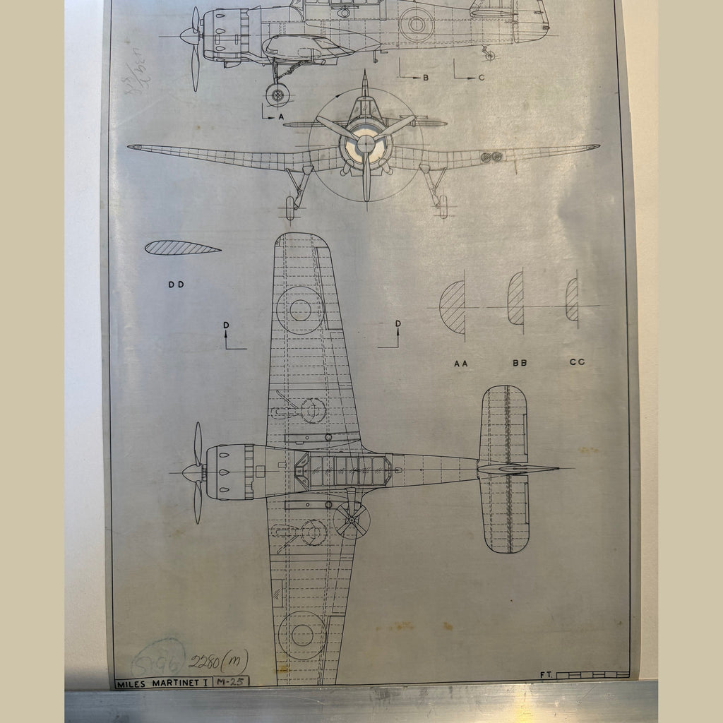 Vintage to scale technical drawing, ink on linen of a WW2 M25 Miles Martinet