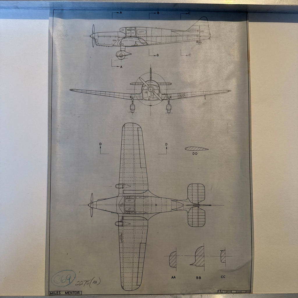 Vintage to scale technical drawing, ink on linen of WW1 Miles M16 Mentor drawing