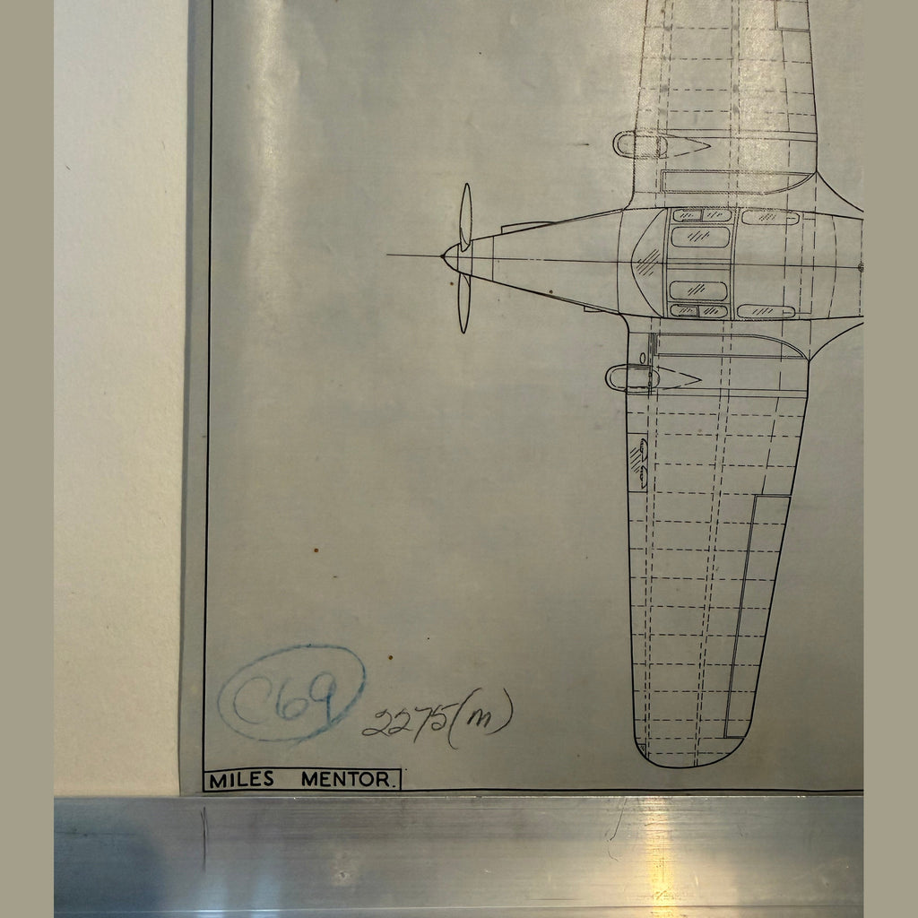 Vintage to scale technical drawing, ink on linen of WW1 Miles M16 Mentor drawing