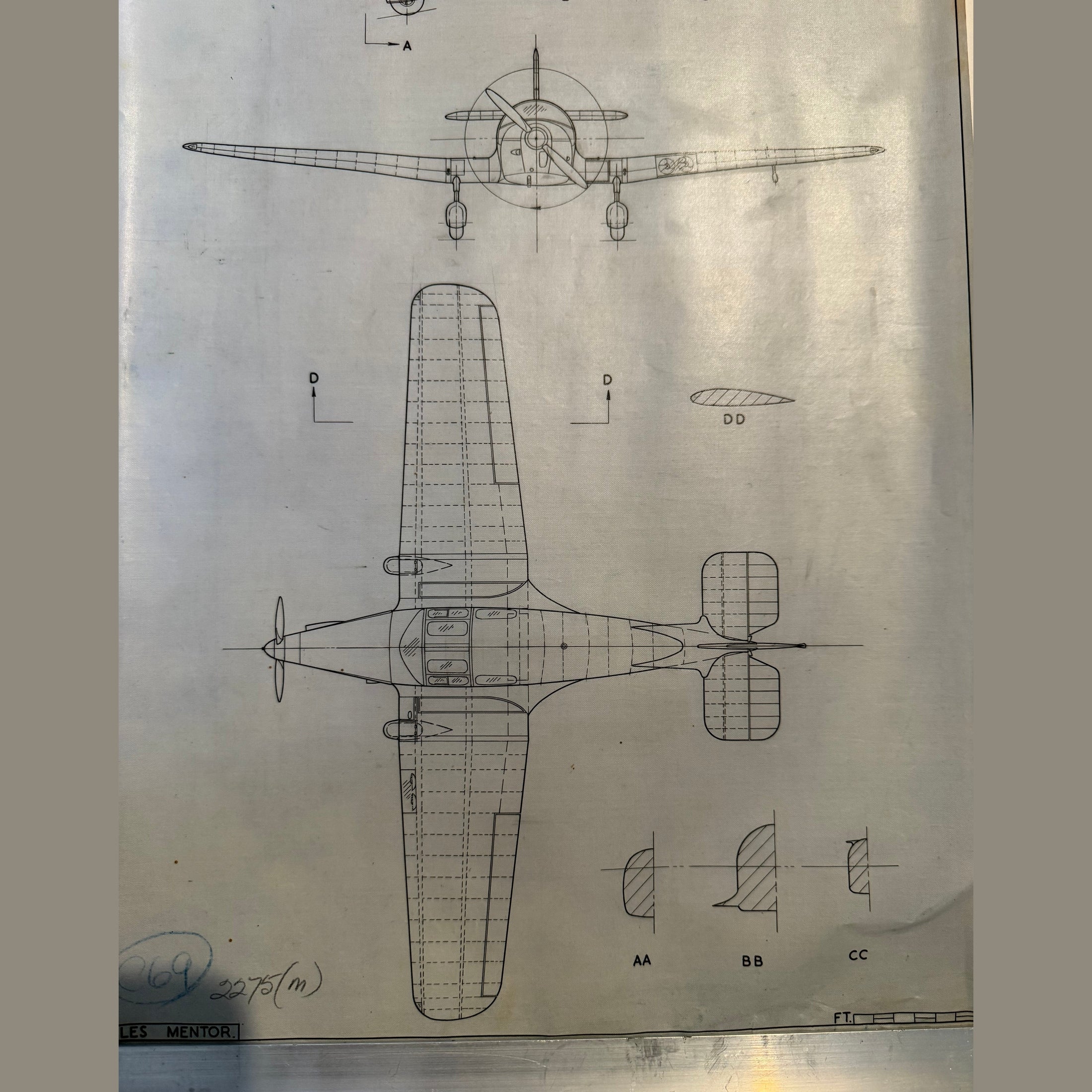 Vintage to scale technical drawing, ink on linen of WW1 Miles M16 Mentor drawing