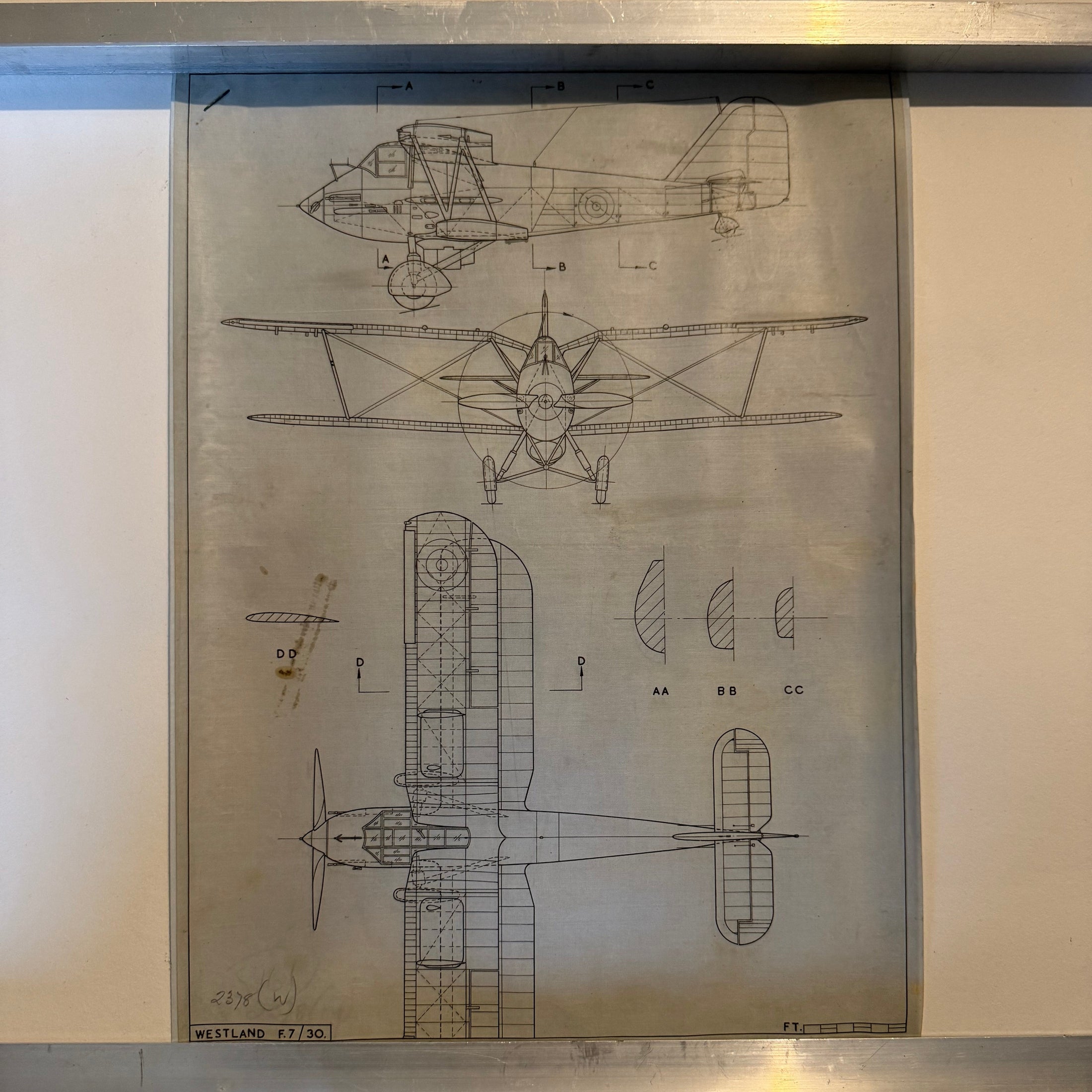 Vintage to scale technical drawing, ink on linen of WW1 era Westland F7/30 drawing.
