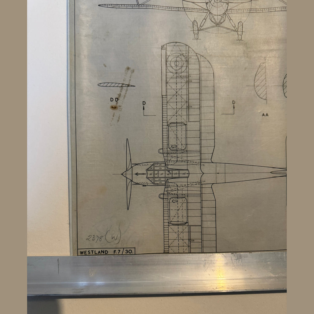 Vintage to scale technical drawing, ink on linen of WW1 era Westland F7/30 drawing.