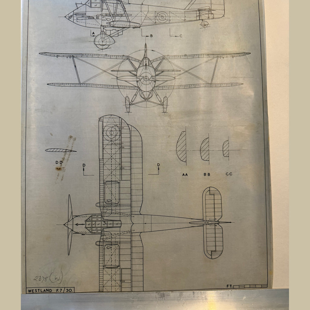 Vintage to scale technical drawing, ink on linen of WW1 era Westland F7/30 drawing.
