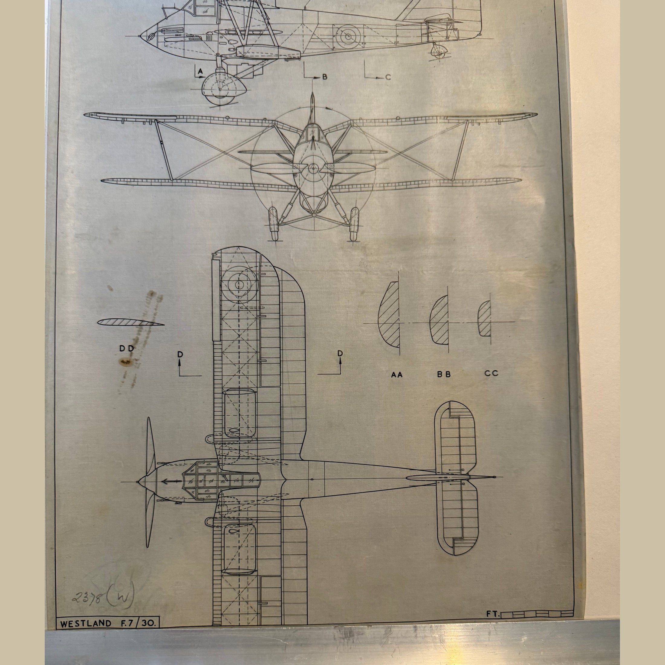Vintage to scale technical drawing, ink on linen of WW1 era Westland F7/30 drawing.