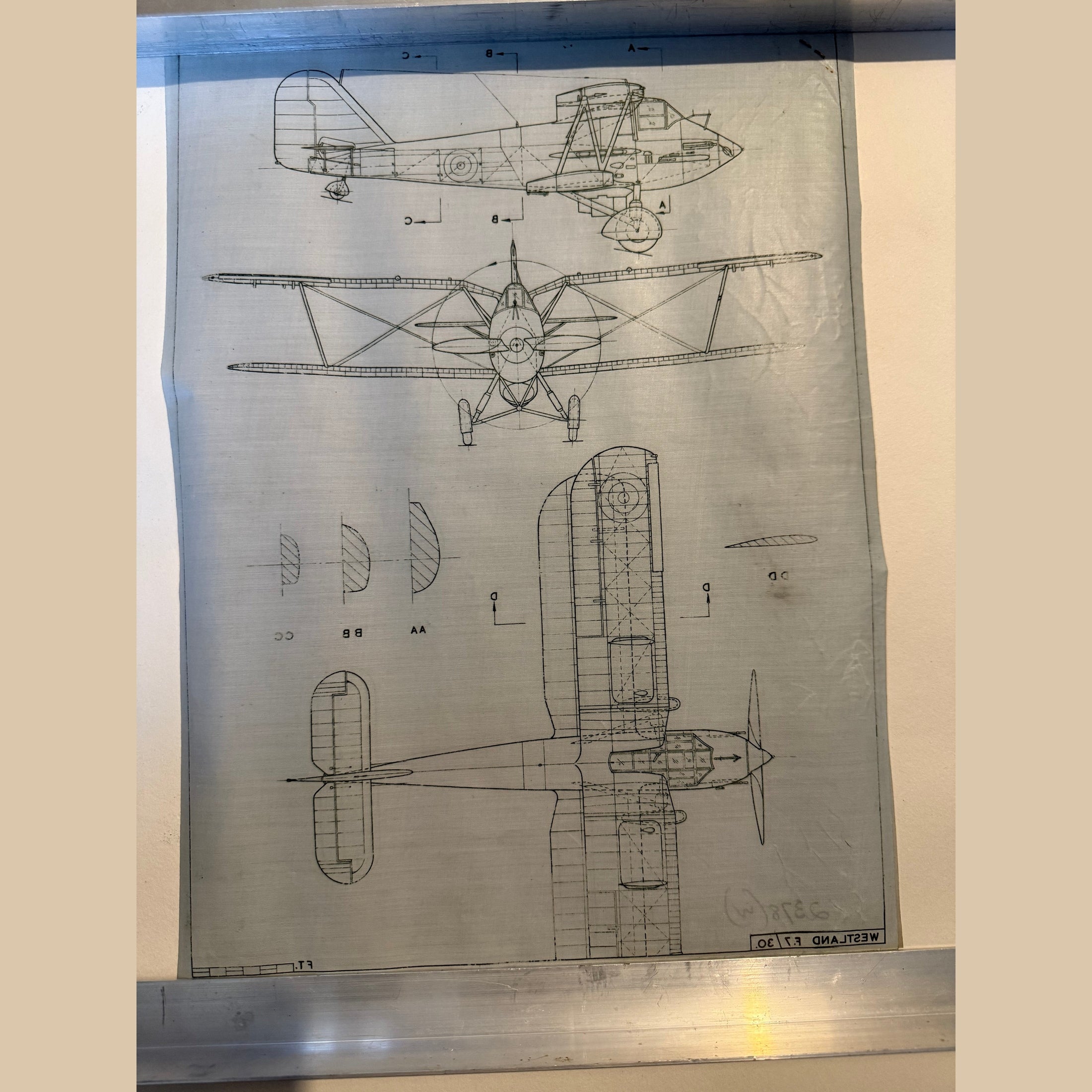 Vintage to scale technical drawing, ink on linen of WW1 era Westland F7/30 drawing.
