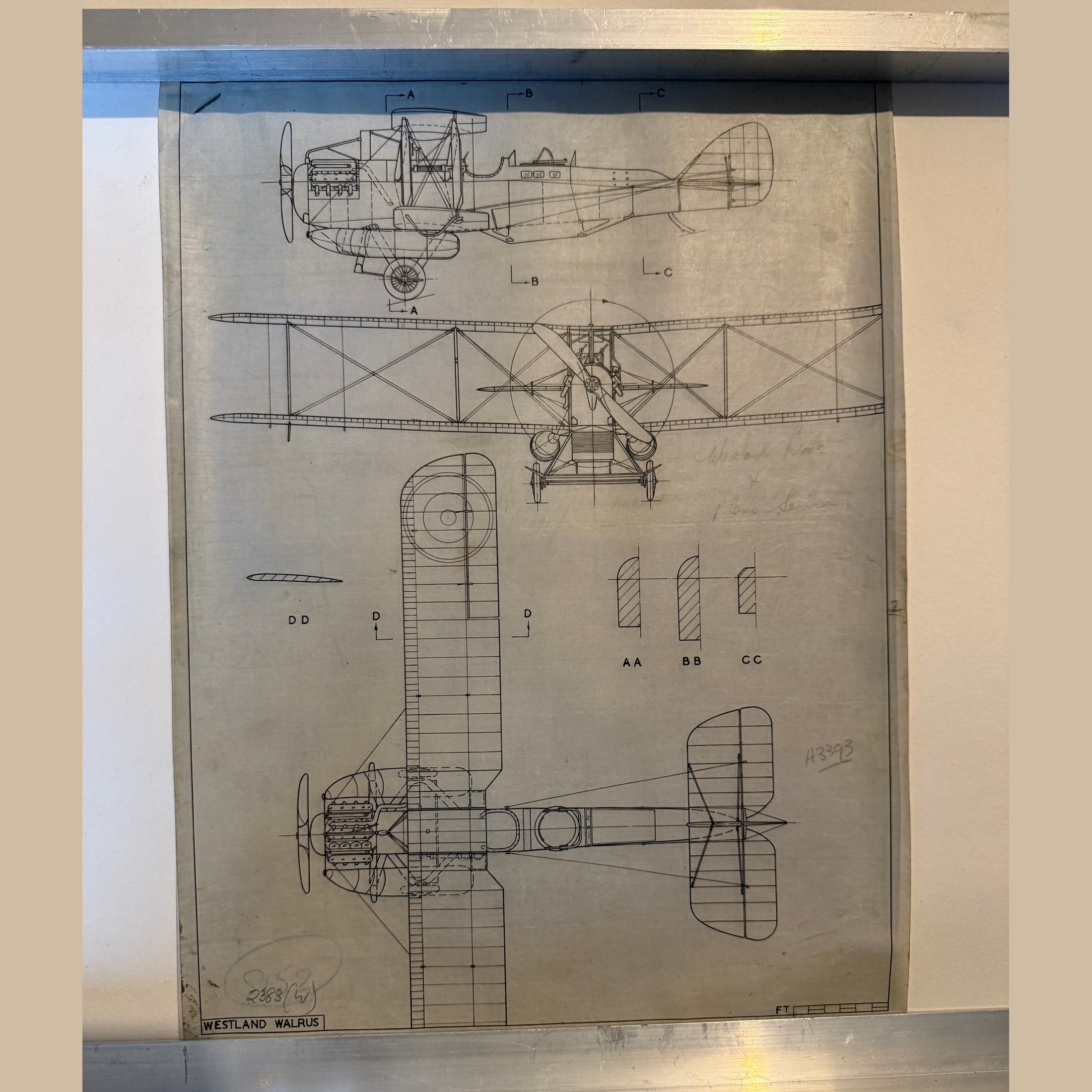Vintage WW1 era to scale technical drawing, ink on linen of a Westland Walrus drawing,