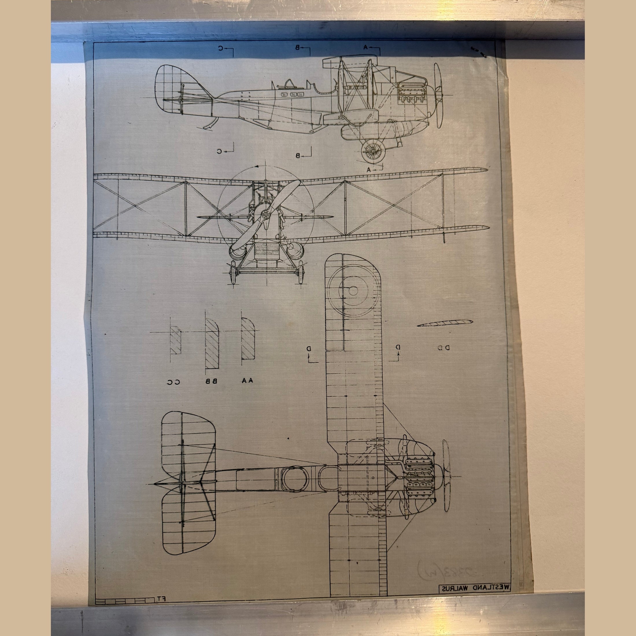 Vintage WW1 era to scale technical drawing, ink on linen of a Westland Walrus drawing,