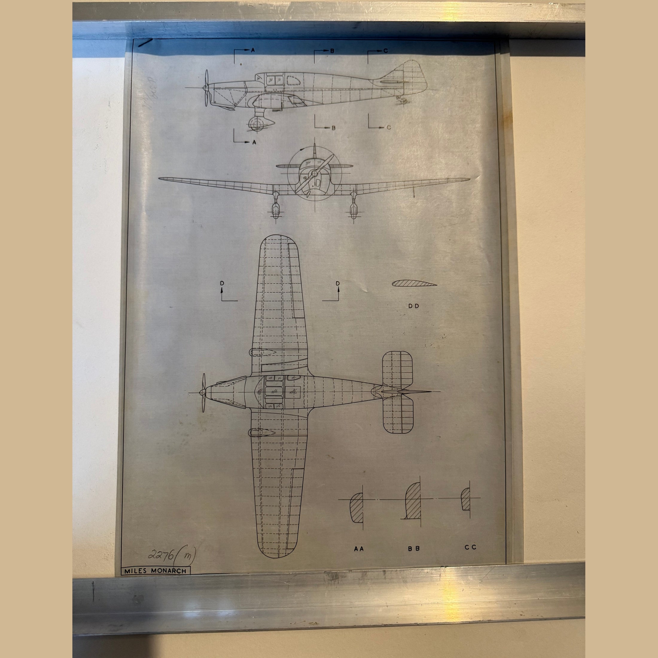 Vintage to scale technical drawing, ink on linen of WW1 a Miles M17 Monarch