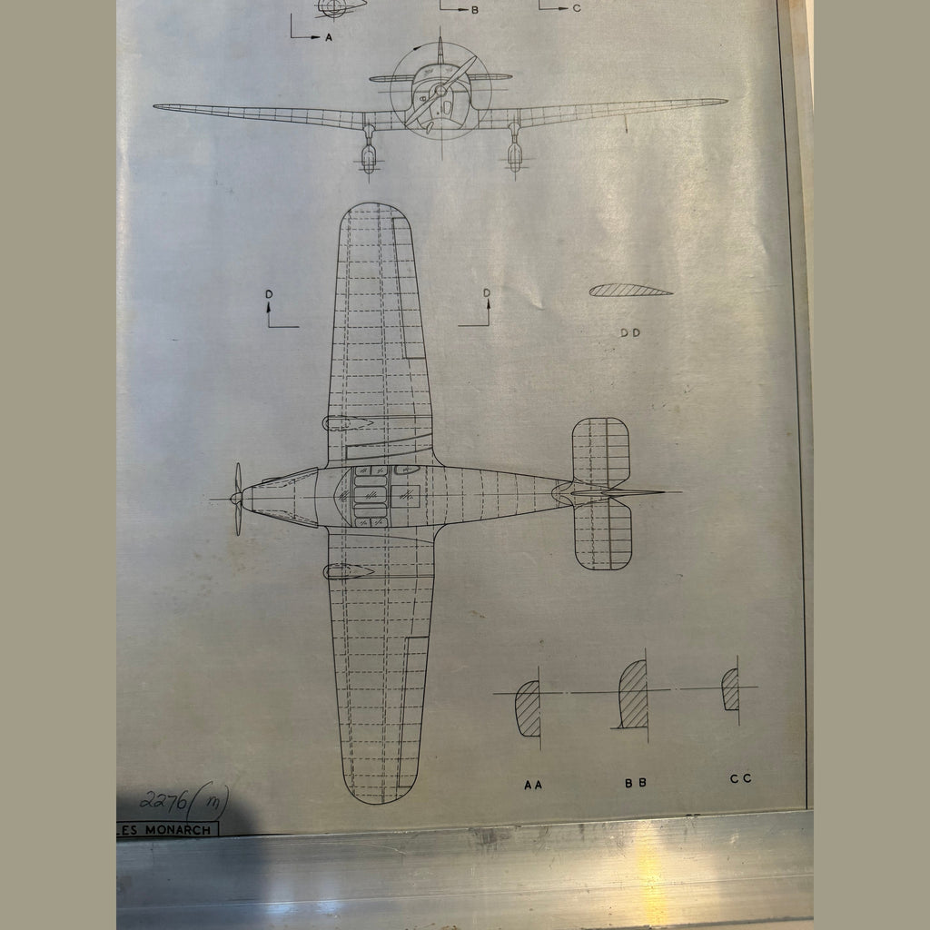 Vintage to scale technical drawing, ink on linen of WW1 a Miles M17 Monarch