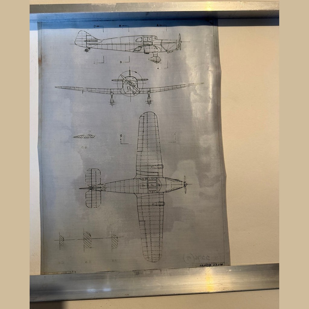 Vintage to scale technical drawing, ink on linen of WW1 a Miles M17 Monarch
