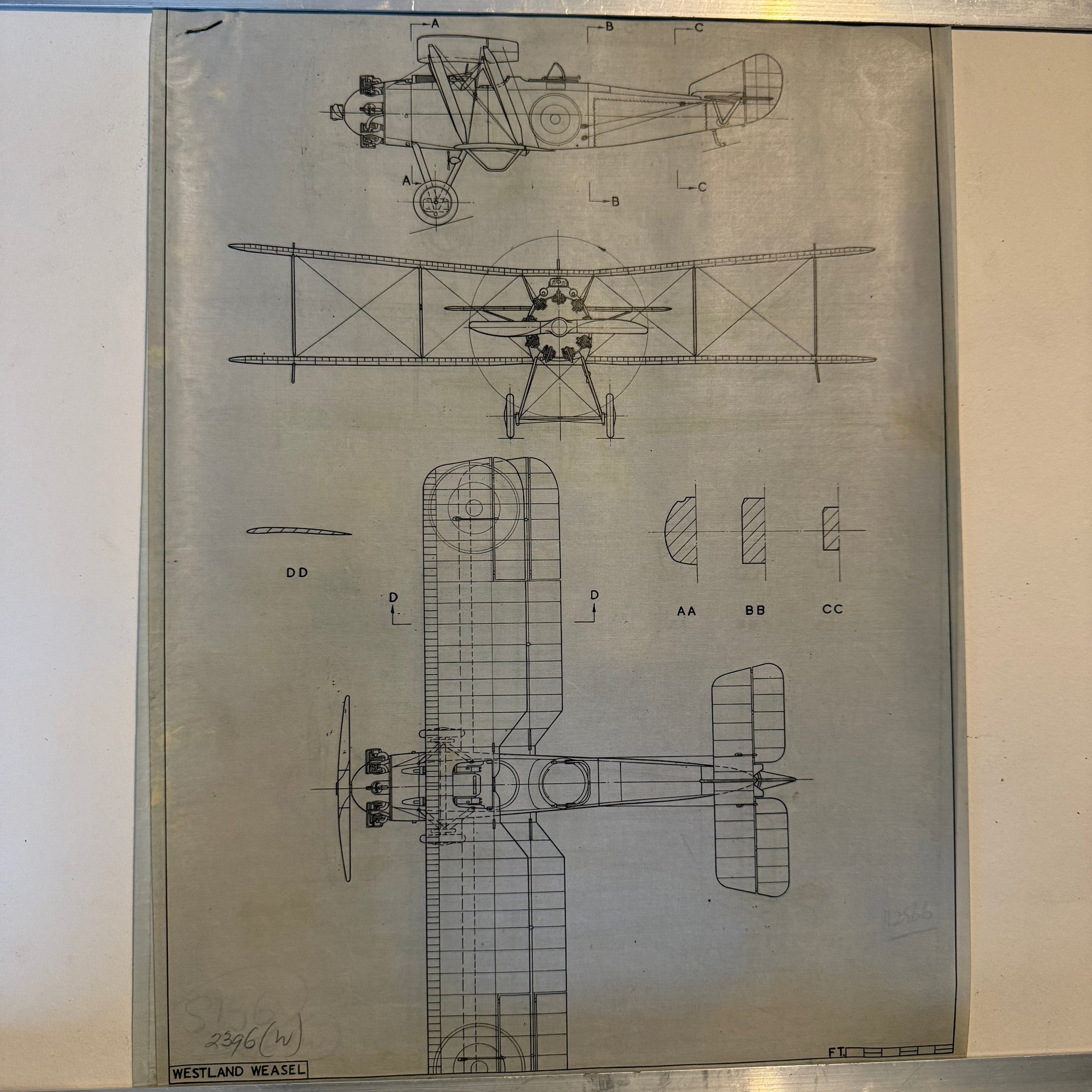 Vintage Westland Weasel drawing, ink on linen Prototype aircraft