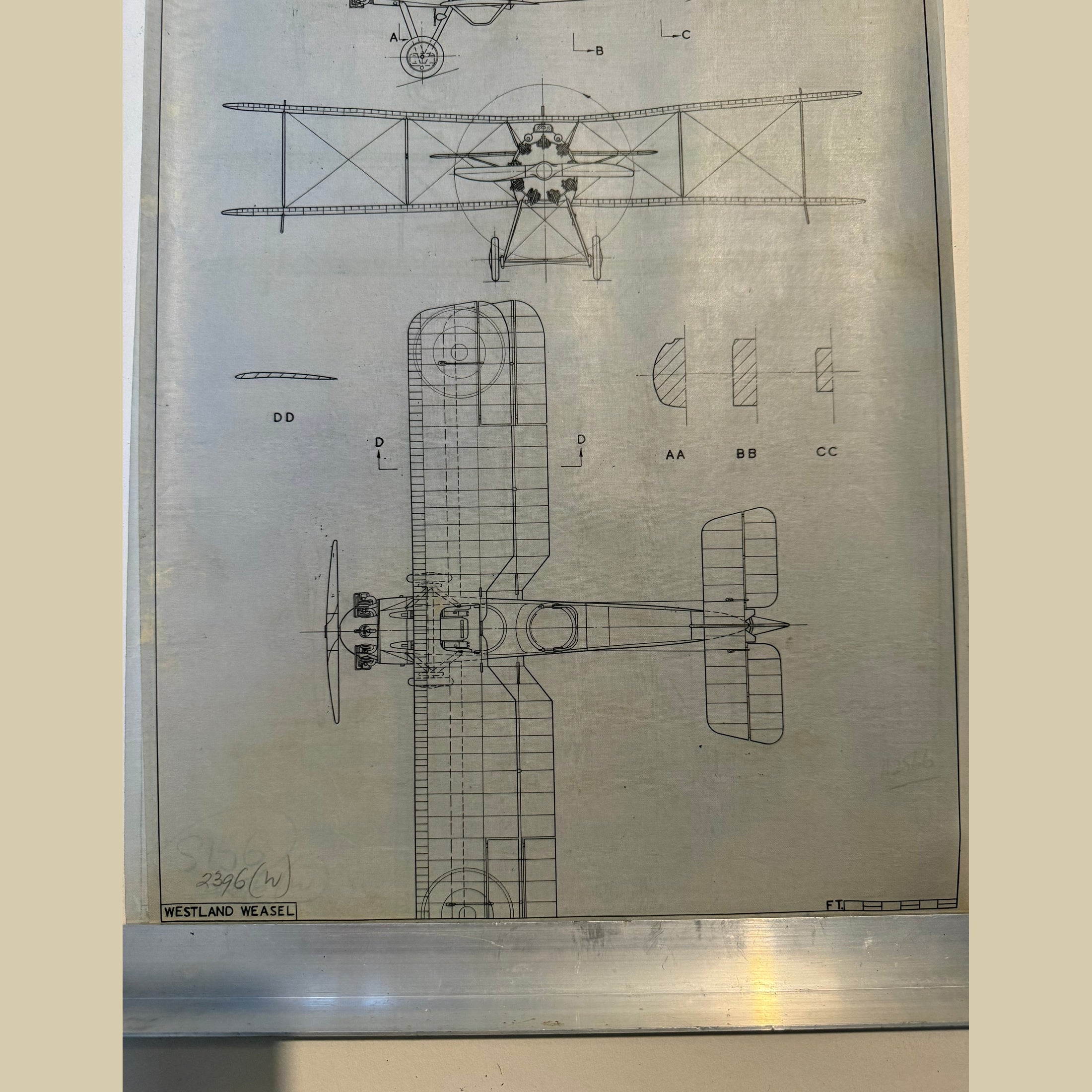 Vintage Westland Weasel drawing, ink on linen Prototype aircraft