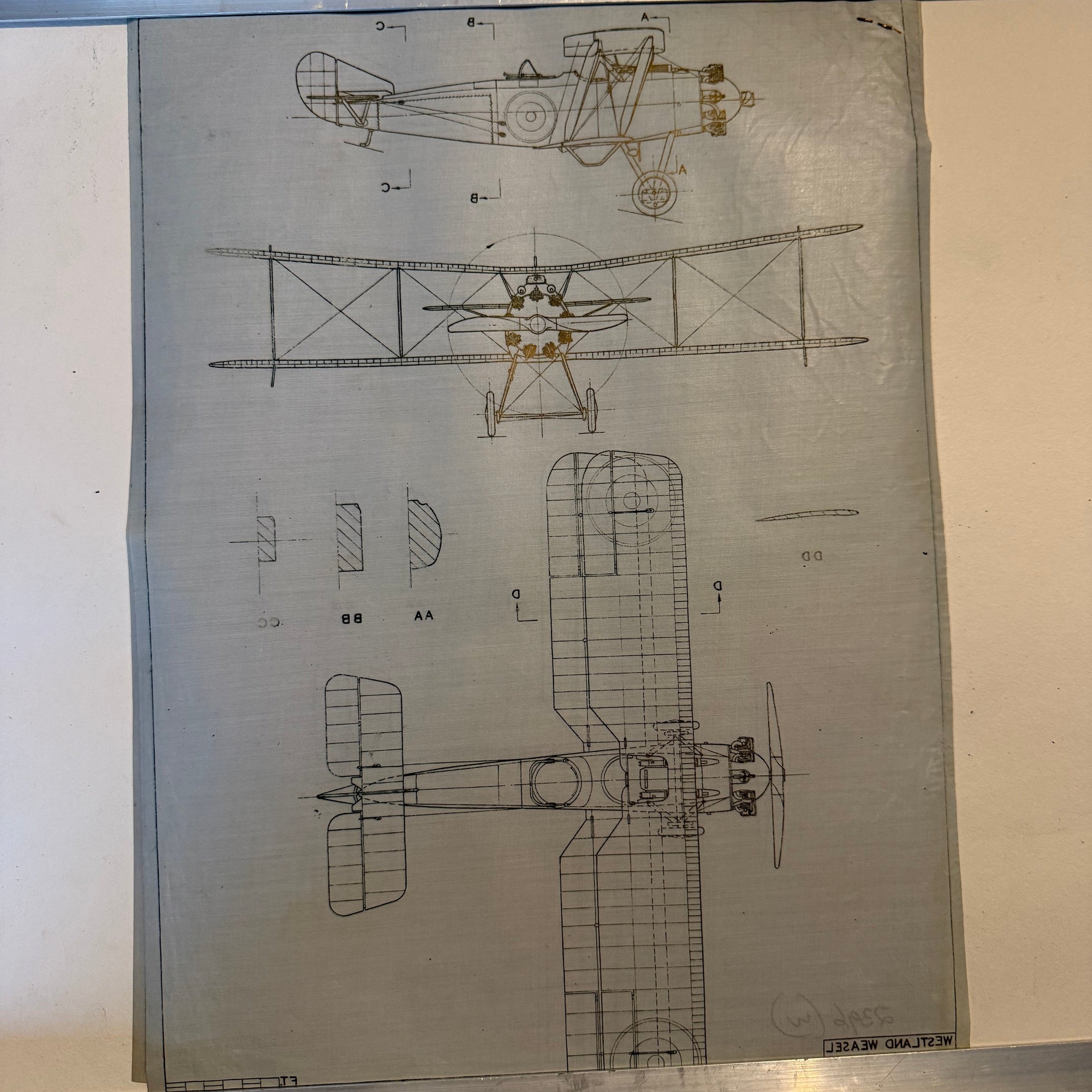 Vintage Westland Weasel drawing, ink on linen Prototype aircraft