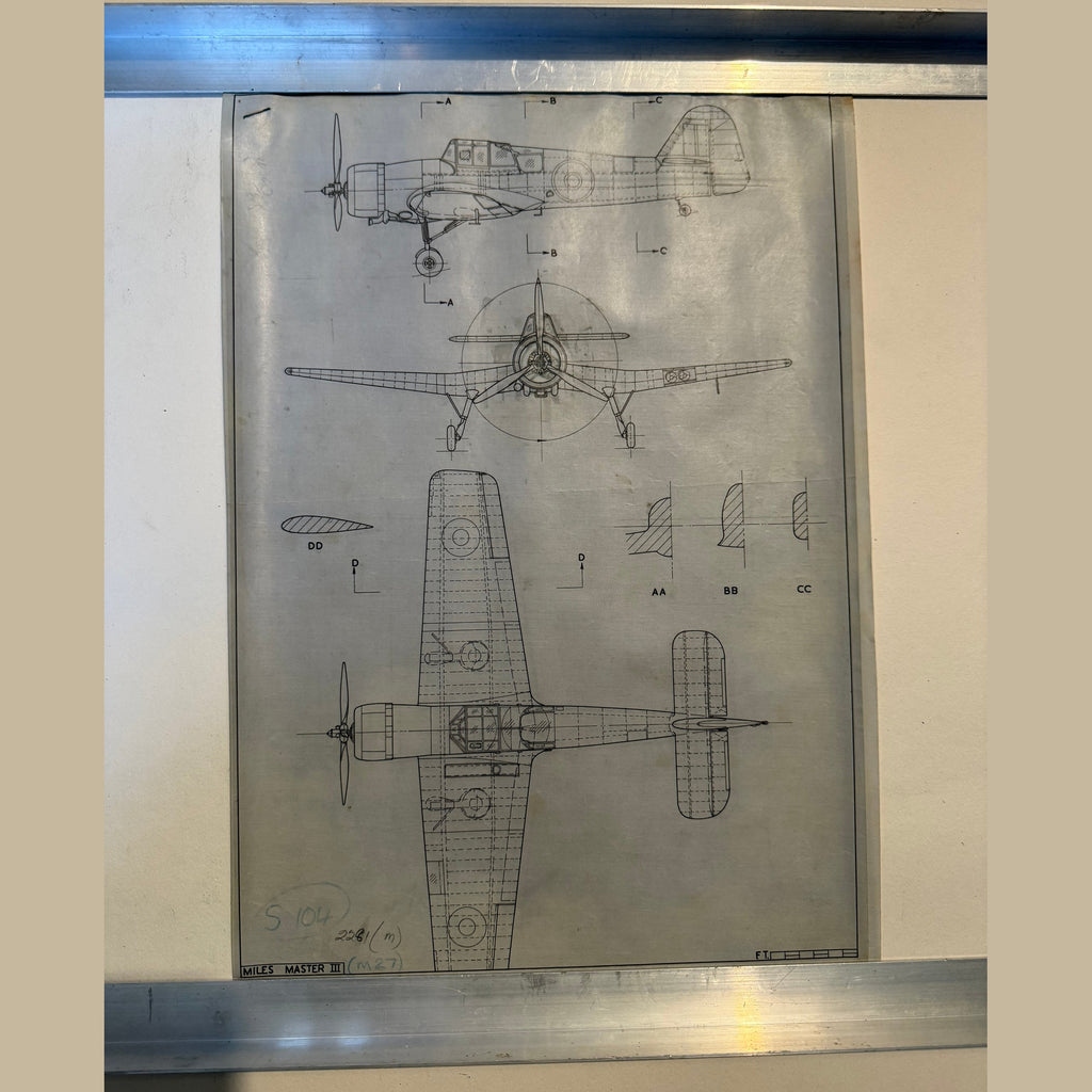 Vintage to scale technical drawing, ink on linen of a WW2 Miles Master 3