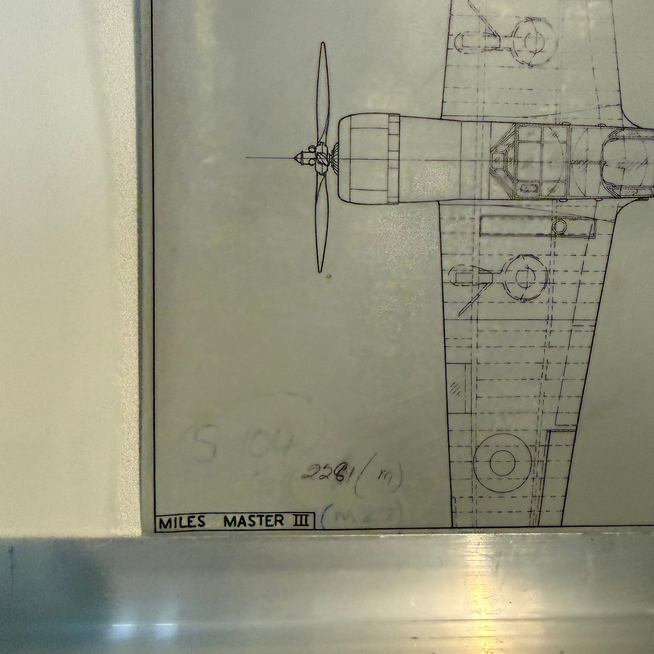 Vintage to scale technical drawing, ink on linen of a WW2 Miles Master 3