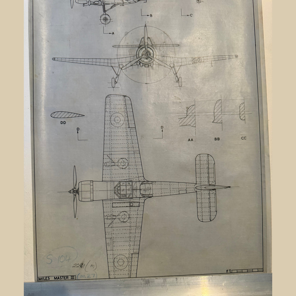 Vintage to scale technical drawing, ink on linen of a WW2 Miles Master 3