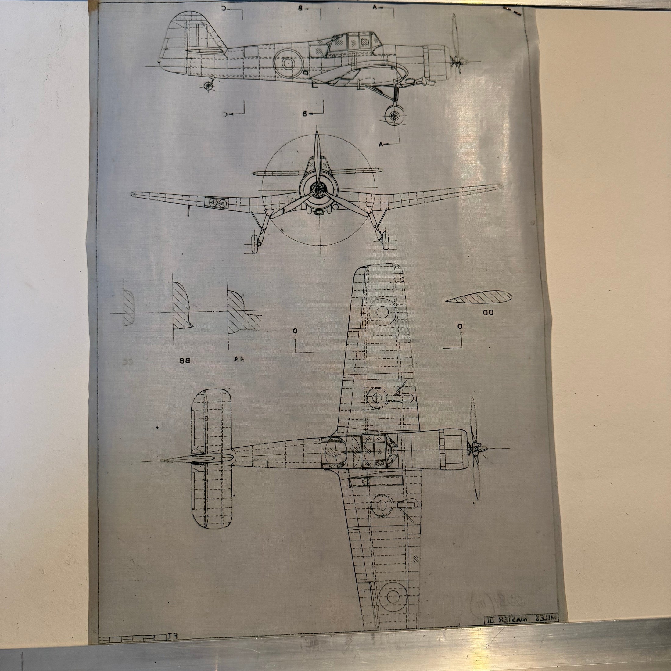 Vintage to scale technical drawing, ink on linen of a WW2 Miles Master 3